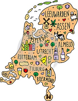 Colored Hand drawn doodle Netherland map. Holland city names lettering and cartoon landmarks, tourist attractions cliparts. travel