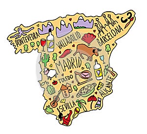 Colored Hand drawn doodle Spain map. Spanish city names lettering and cartoon landmarks