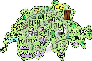 Colored hand drawn doodle Switzerland map. Swiss city names lettering and cartoon landmarks, tourist attractions cliparts