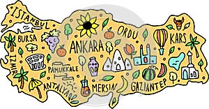 Colored hand drawn doodle Turkey map. Turkish city names lettering and cartoon landmarks, tourist attractions cliparts