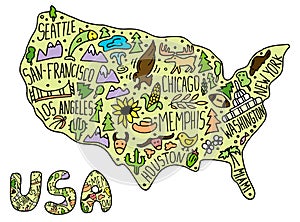 Colored Hand drawn doodle USA map. American city names lettering photo