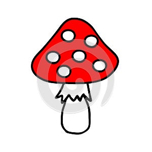 Colored hand-drawn vector illustration of One red fresh mushroom Fly agaric isolated on a white background