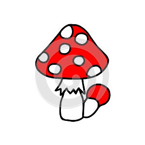 Colored hand-drawn vector illustration of two big and small red fresh mushrooms Fly agaric isolated on a white background