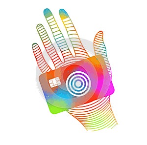 Colored hand holding a credit card. Bank card in hand. hand drawing. Not AI, Vector illustration