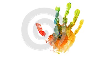Colored hand print on white background