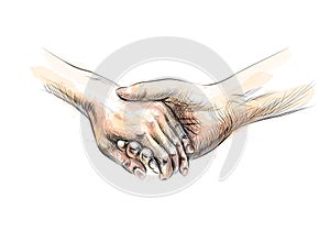 Colored hand sketch holding hands