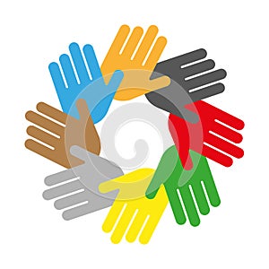 Colored hands circle. Symbol of unity. Diversity and cooperation. Vector illustration.