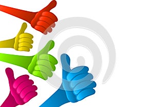 Colored hands with thumbs up. Online community. Social network concept. Share and follow. Positive and approval. Communication bet