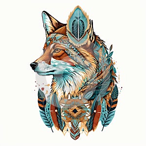Colored head of wild red fox tribal totem