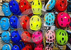 Colored helmets in the sports shop