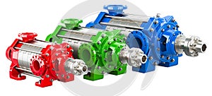 Colored horizontal multistage centrifugal pump with different power, 3D rendering