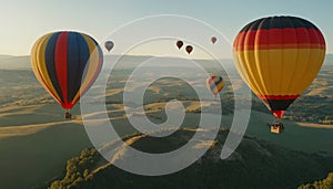 Colored hot air balloons float over a beautiful landscape