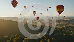 Colored hot air balloons float over a beautiful landscape