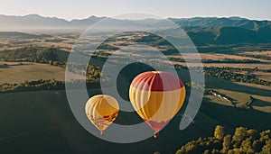 Colored hot air balloons float over a beautiful landscape