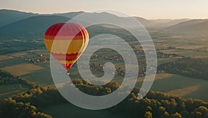 Colored hot air balloons float over a beautiful landscape