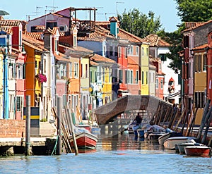 colored houses and a bridge on Canal in Burano island near Venic