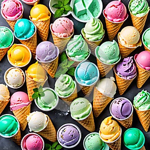 Colored ice cream scoops in waffle cones with wooden ones on a mint background