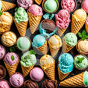 Colored ice cream scoops in waffle cones with wooden ones on a mint bg