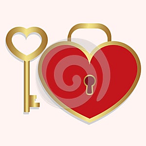 Colored icon key and lock heart shaped red with gold on a white