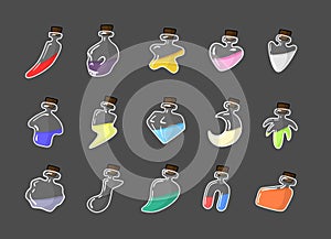 Colored icon set of poison ,antidote and other liquid for game interface