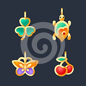 Colored icons of baby decorations on a dark background. Set of icons. Shamrock, turtle, berries, butterfly. Vector illustration