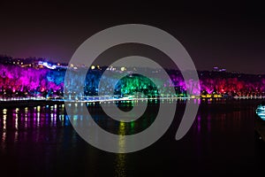 Colored illuminated trees by the river. Russia, Moscow