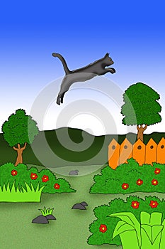 illustration of a black cat flying over the garden with alot of flower photo