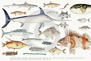 Colored illustration of fish drawing collection