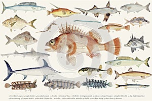 Colored illustration of fish drawing collection