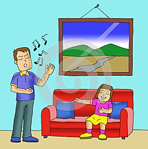 illustration of a girl laughing when she hears her father singing photo