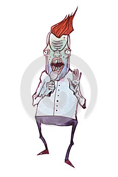 Colored illustration of humanlike cartoon monster who looks like a TV host speaking into the microphone