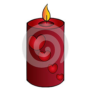 Colored  illustration of a scarlet candle with an ornament of hearts.  Bright flame.  On an isolated background.
