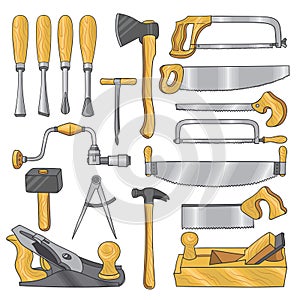Colored illustrations of carpentry tools. Wooden work