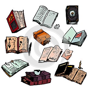 Colored illustrations of vintage books. Open and closed books, classical book, picture book, stack of books, book with a torn page