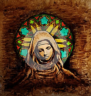 Colored illustration nun in front of ghotic window photo