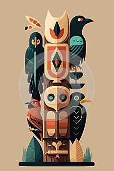Colored Indian Wooden totem pole with tiki mask and eagle. Vector cartoon illustration