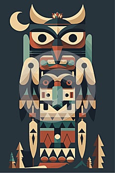 Colored Indian Wooden totem pole with tiki mask and eagle. Vector cartoon illustration