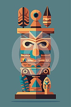 Colored Indian Wooden totem pole with tiki mask and eagle. Vector cartoon illustration