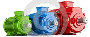 Colored industrial electric motors, different size. 3D rendering