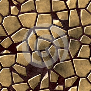 Colored irregular stony mosaic pattern texture seamless background with dark purple grout - gold beige colored