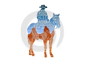 Colored isolated drawn single lines of America Monument Valley cowboy