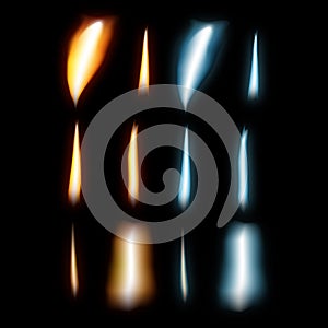 Colored isolated realistic burning transparent icon set with different colors and shapes of flame vector illustration