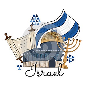 Colored Israel travel promotion with sinagoga buildings and jewish objects Vector photo