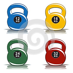 Colored kettlebells of various weights on white background photo