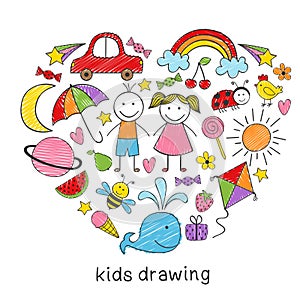 Colored kids drawings in form of heart