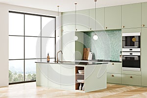 Colored kitchen interior with bar island and cooking corner with kitchenware