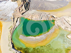 Colored lake, rock dumps in abandoned ilmenite quarry, aerial view