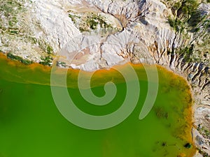 Colored lake, rock dumps in abandoned ilmenite quarry, aerial view