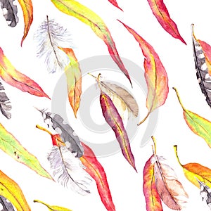Colored leaves, feathers. Seamless autumn pattern. Watercolor - vintage style