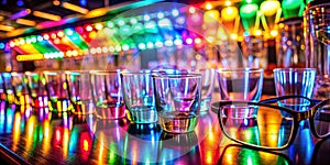 Colored Lighting on Glasses in Night Club Bar